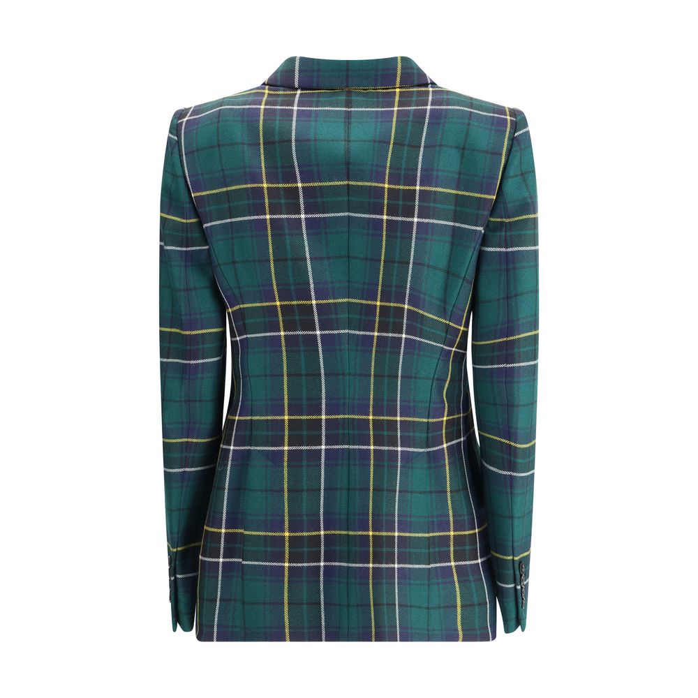 Back view of Alexander McQueen Green Wool Blazer with check pattern and structured shoulders.