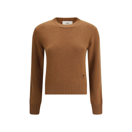 Ami Paris Brown Cashmere Sweatshirt with ribbed crew neck and Ami De Coeur logo on front, made of soft cashmere wool blend.
