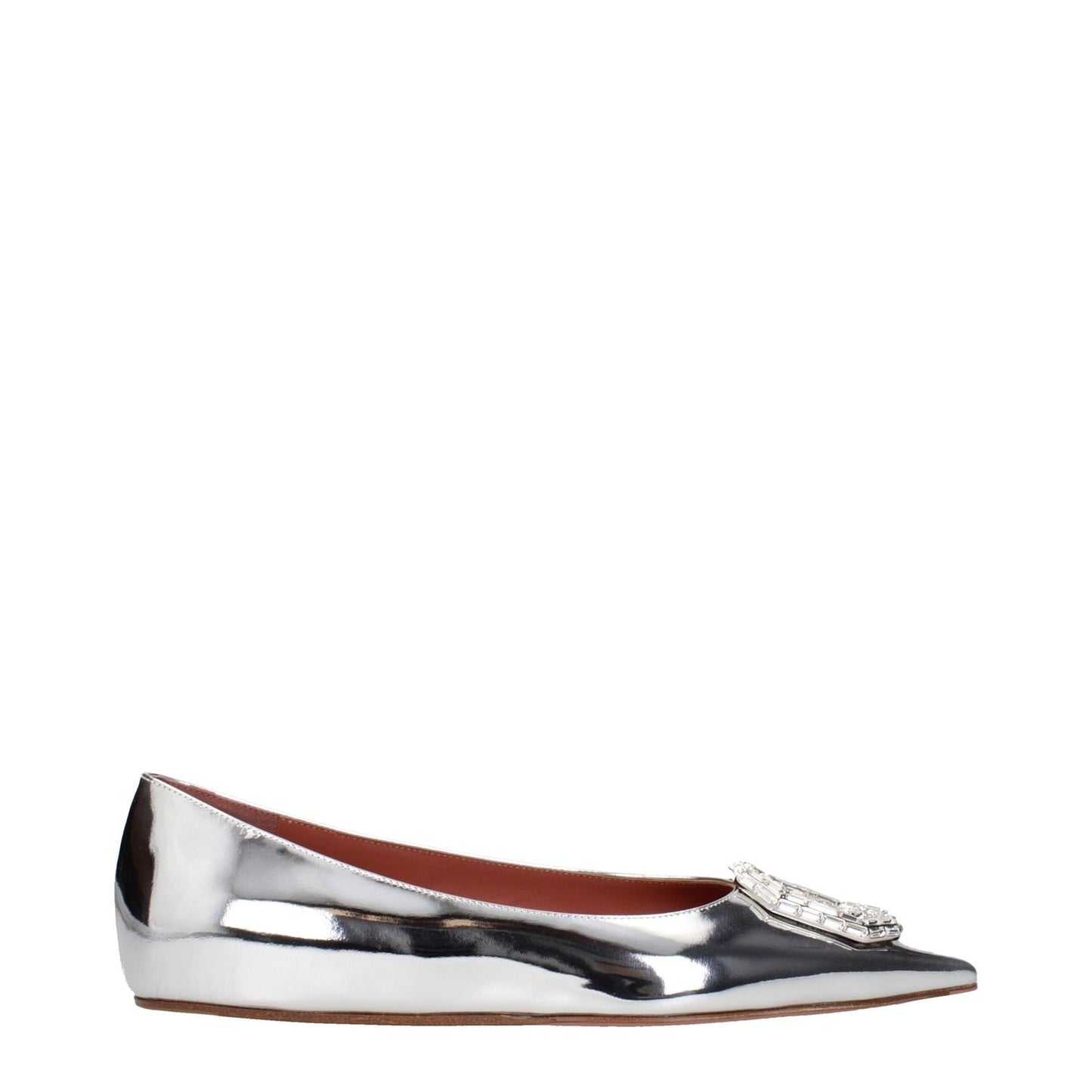 Amina Muaddi Gray Leather Ballet Flats with pointy toe and rhinestone detail, silver leather finish, low and flat heel.