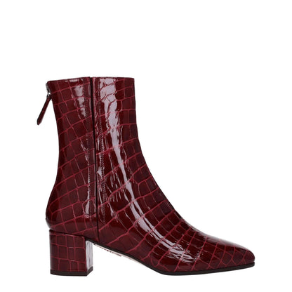 Aquazzura Red Leather Ankle Boots with crocodile print, mid heel, square toe, and zip closure, featuring aubergine accents.