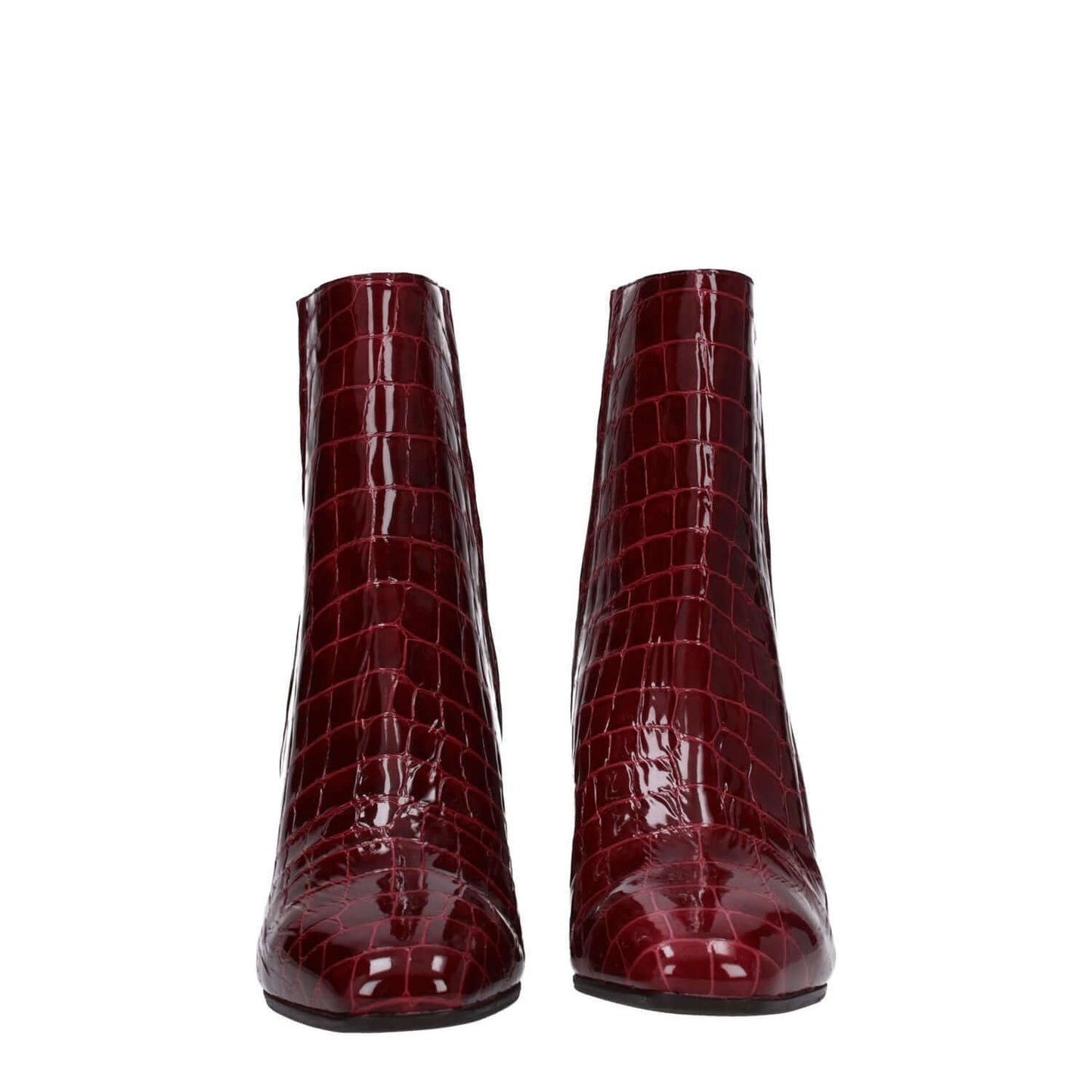 Aquazzura Red Leather Ankle Boots with crocodile print, zip closure, 5 cm mid heels, and square toe, featuring aubergine accents.