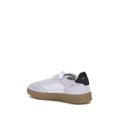 Axel Arigato White Calf Leather Bos Taurus Low Top Sneakers with suede accents and flat sole, viewed from the rear angle.