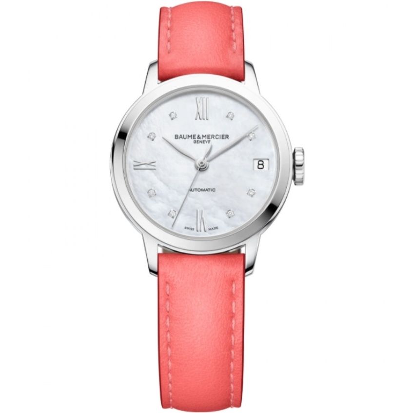 BAUME & MERCIER Mod. CLASSIMA W-Diamonds wristwatch with diamond markers, 31mm silicone case, leather strap, and sapphire dial. Swiss made.