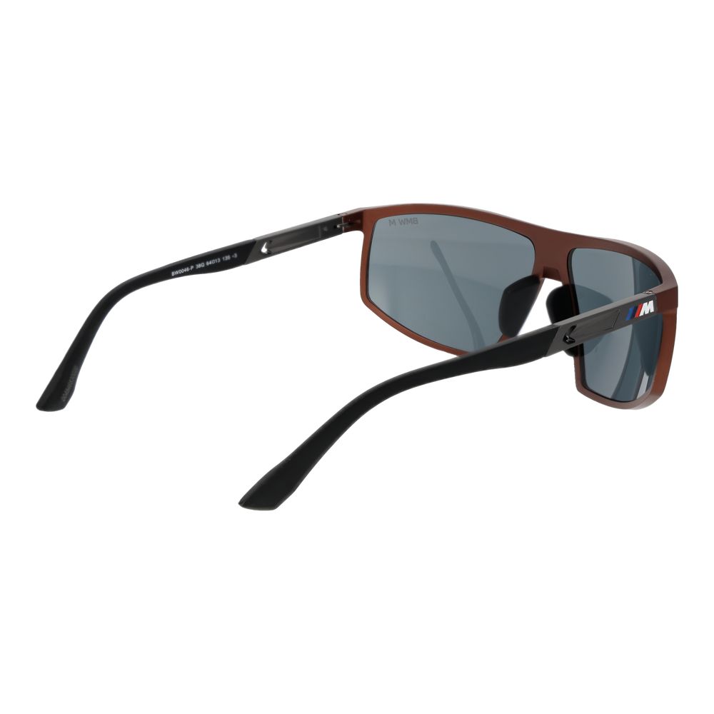 BMW Bronze Men Sunglass with bronze full-rim aluminum frame and grey mirrored lenses, offering 100% UVA & UVB protection, sporty style.