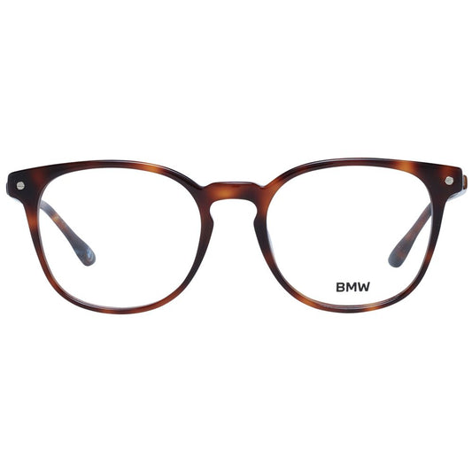 BMW Brown Men Glasses Frame, brown full-rim round style plastic eyewear for men, includes branded case, size 52-19-145 mm, non-prescription lenses