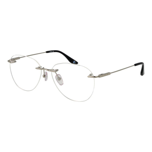 BMW Silver Titanium Glasses (Frames) for men with silver titanium bottom-rim, demo lenses, and panto style. Size 56-15-145.