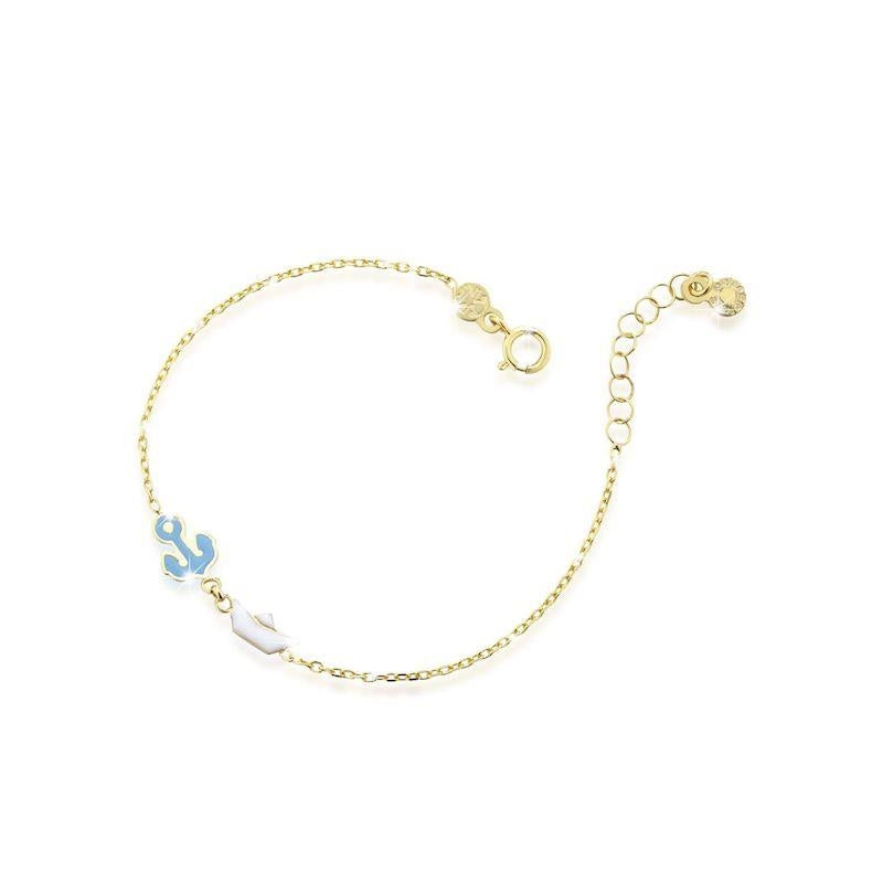 BRACCIALI LE BEBE MOD. PMG075 gold bracelet with anchor and shoe charms on a white background.