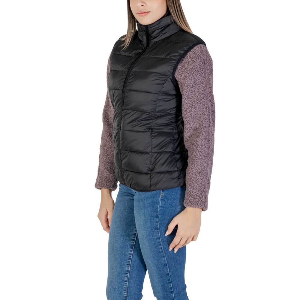 B.Young Black Nylon Sleeveless Jacket in quilted design for women, providing style and comfort for transitional seasons, side view.