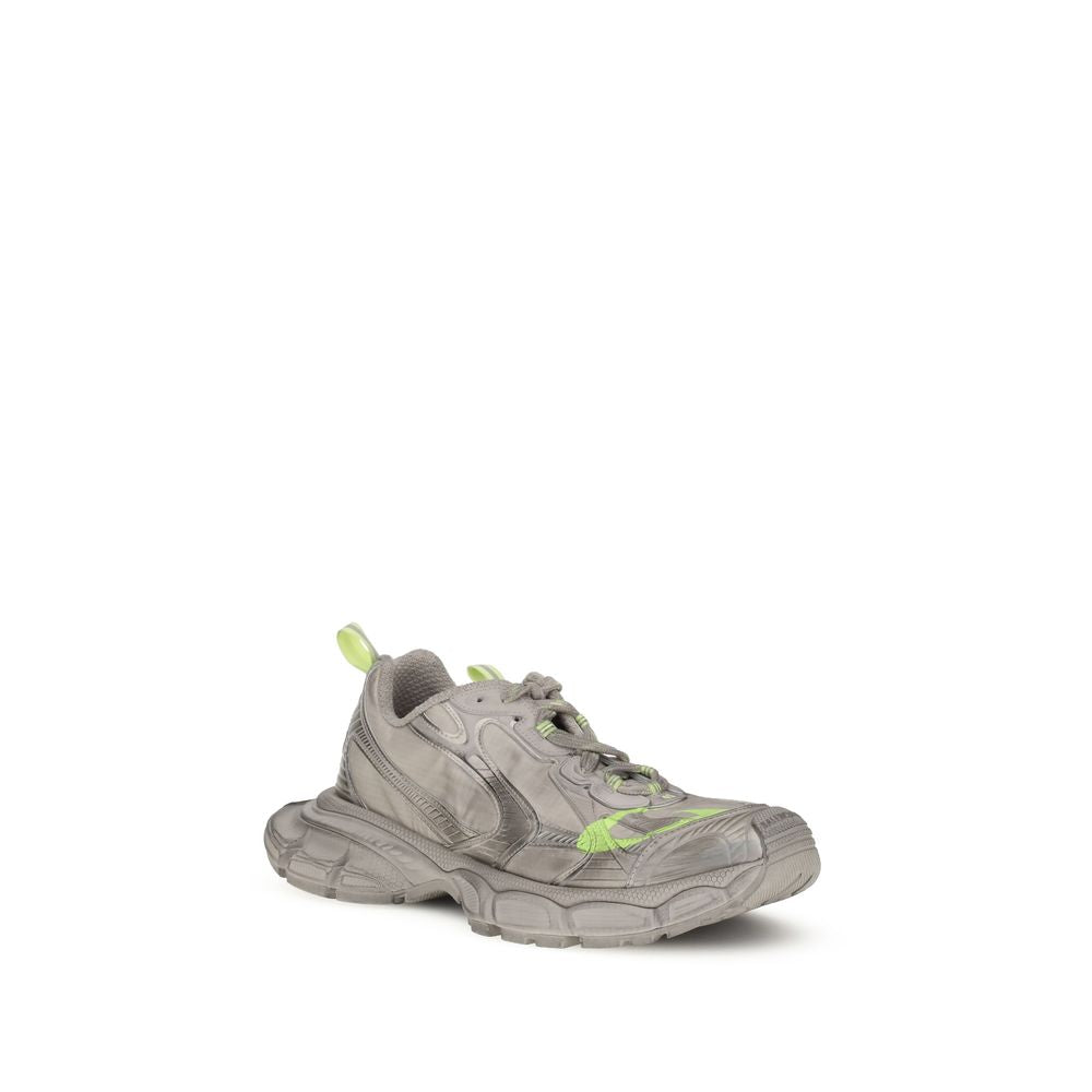 Balenciaga Gray Polyester Athletic Sneakers with oversized mesh and polyurethane design featuring neon yellow accents and logo lettering.