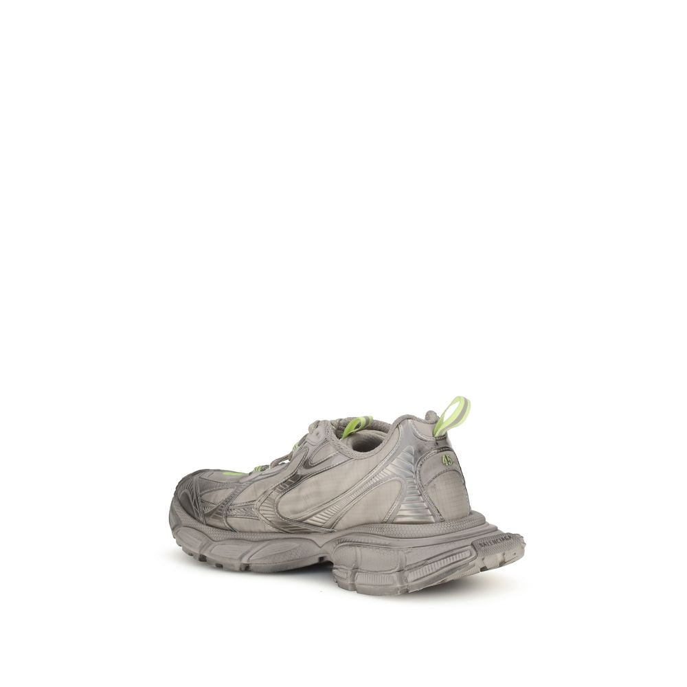 Balenciaga Gray Polyester Athletic Sneakers with oversized design and reflective details in taupe and neon yellow, back view.