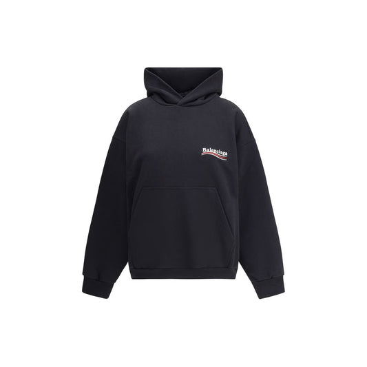 Balenciaga Logoed Hoodie in black with front pockets and iconic monogram, featuring ribbed cuffs and hem for a trendy streetwear style.