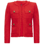 Balmain Red Nylon Suits & Blazer with gold buttons, wool-viscose blend, four front pockets, raw-cut collar and hem, elegant design.