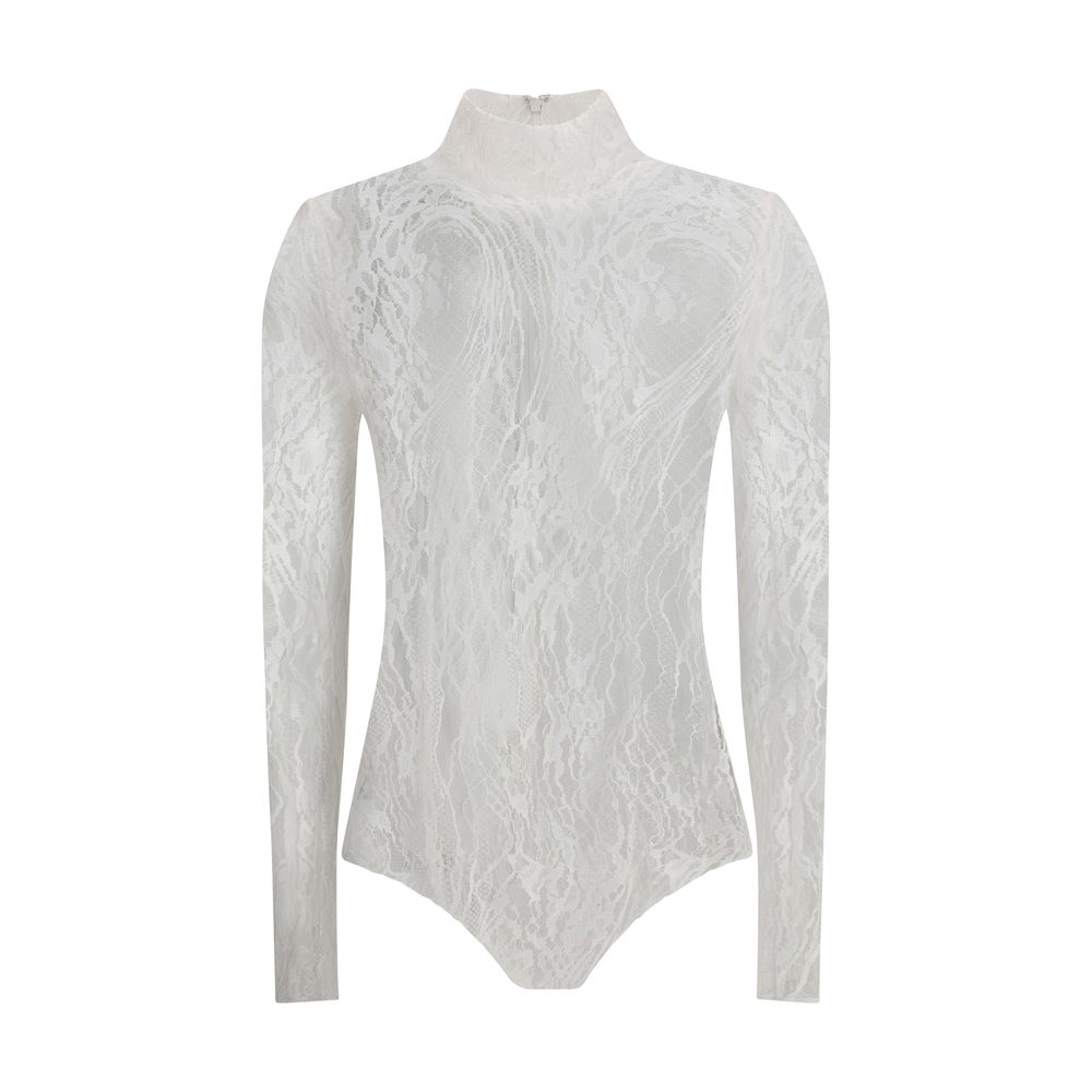 Balmain White Cotton Top lace bodysuit with high neck, sheer lace, and zip fastening, ideal for bold, feminine autumn-winter looks.