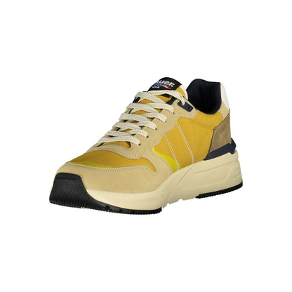 Blauer Beige Polyester Men Sneaker with mustard yellow accents and Blauer logo on a sophisticated beige backdrop.