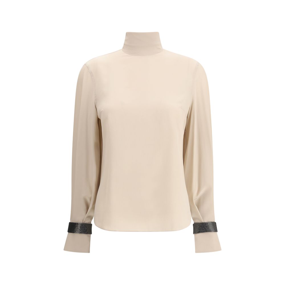 Brunello Cucinelli Beige Silk Blouse with turtleneck and jewel decoration, feminine and refined design for elegant looks.