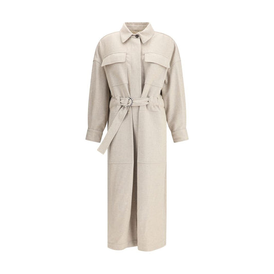 Brunello Cucinelli Beige Wool Coat with classic collar and adjustable waistband, elegant long design with flap patch pockets.
