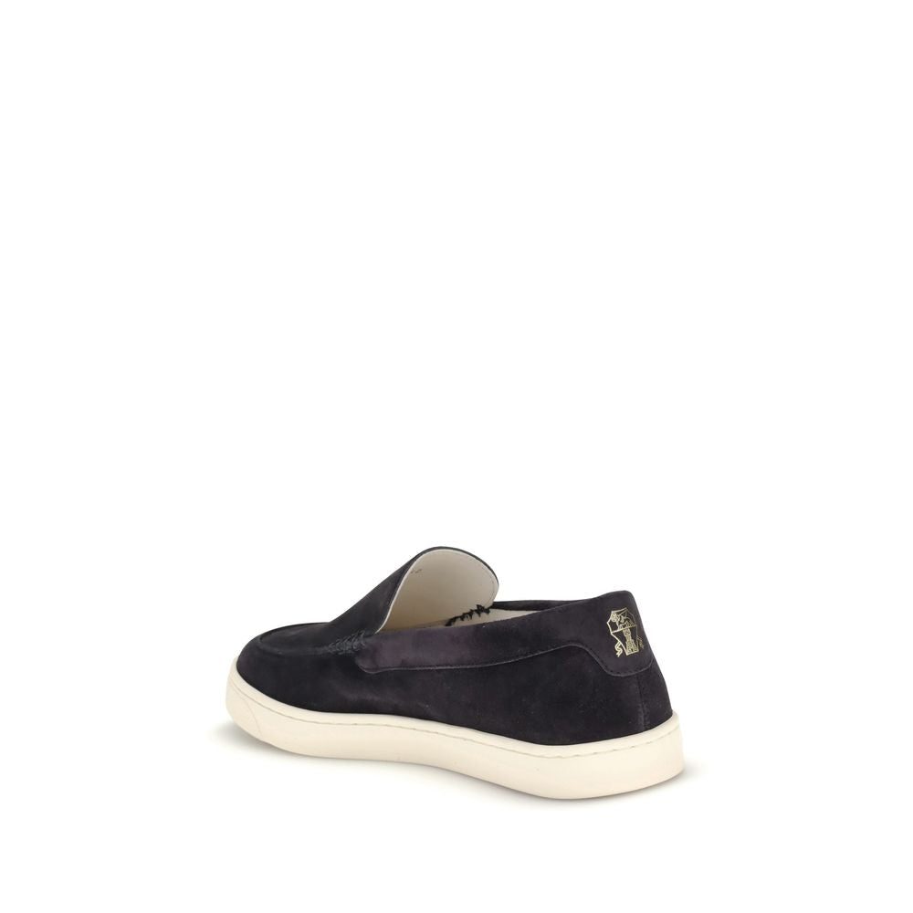 Brunello Cucinelli Black Calf Leather Bos Taurus Sneakers back view, showcasing suede texture, rounded toe, and rubber sole for casual-chic style.