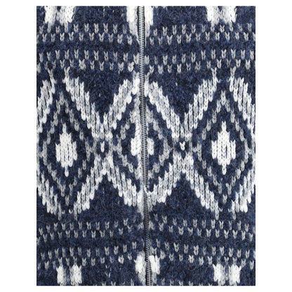 Close-up of Brunello Cucinelli Blue Alpaca Vicugna Pacos Cardigan geometric knit design and zipper detail.