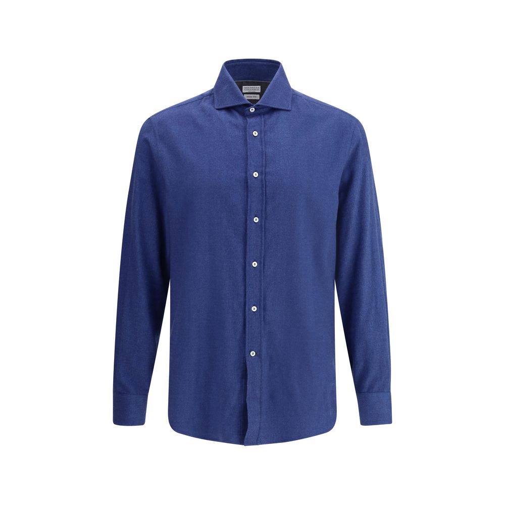 Brunello Cucinelli Blue Cotton Dress Shirt with classic collar and button closure, elegant design for versatile wear.