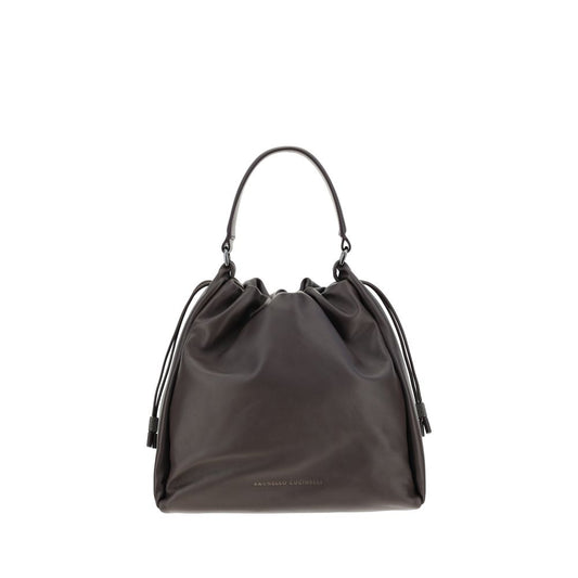 Brunello Cucinelli Brown Calf Leather Bos Taurus Shoulder Bag with drawstring closure and adjustable handle.