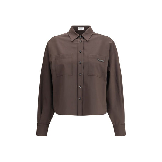 Brunello Cucinelli Brown Fleece Wool Shirt with classic collar and patch pockets with jewels, featuring an elegant and modern design.