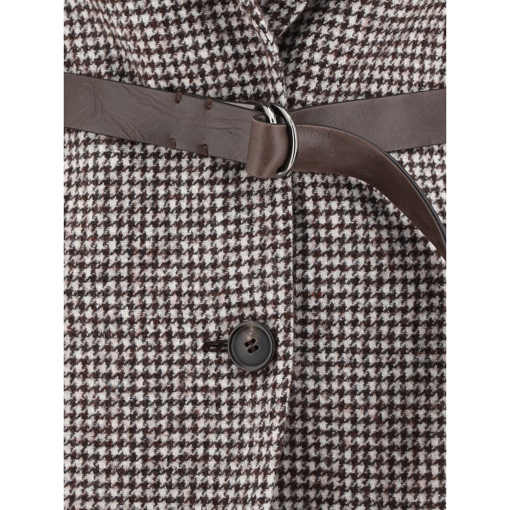 Close-up of Brunello Cucinelli Brown Wool Blazer featuring leather belt detail and button closure.