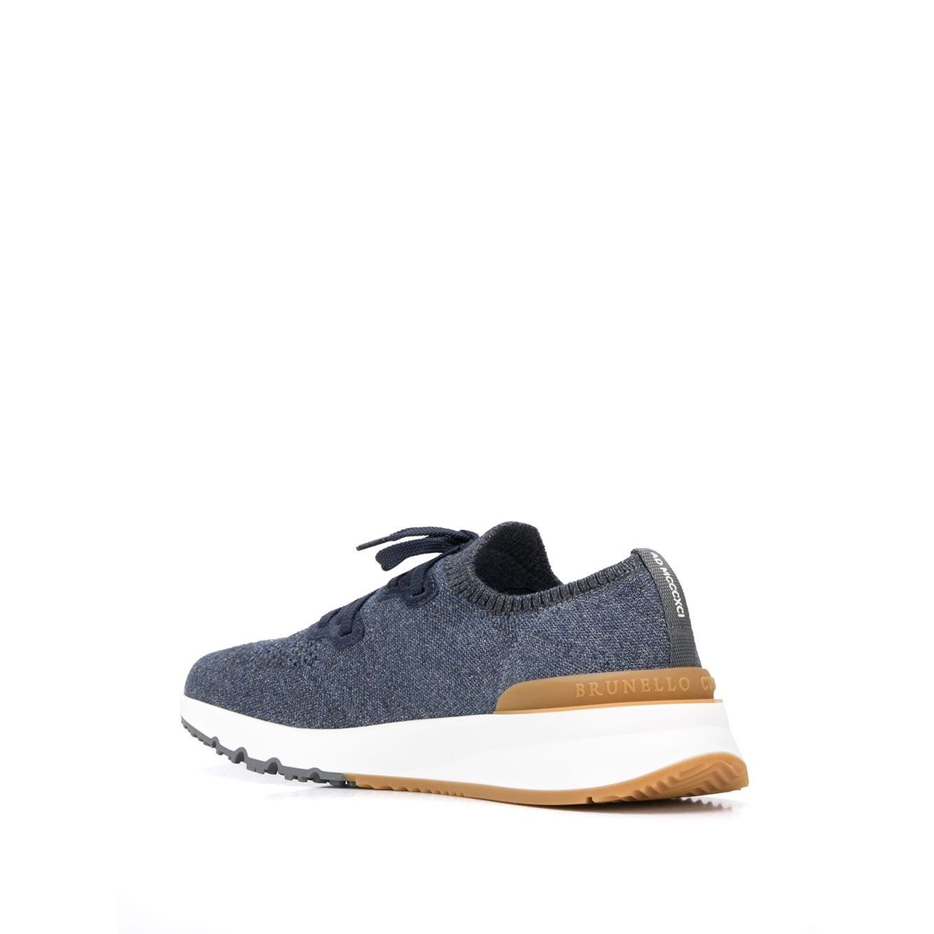 Brunello Cucinelli Cotton chiné knit runners with mesh panels, lace-up front, and platform sole, luxury navy sneakers, side view.