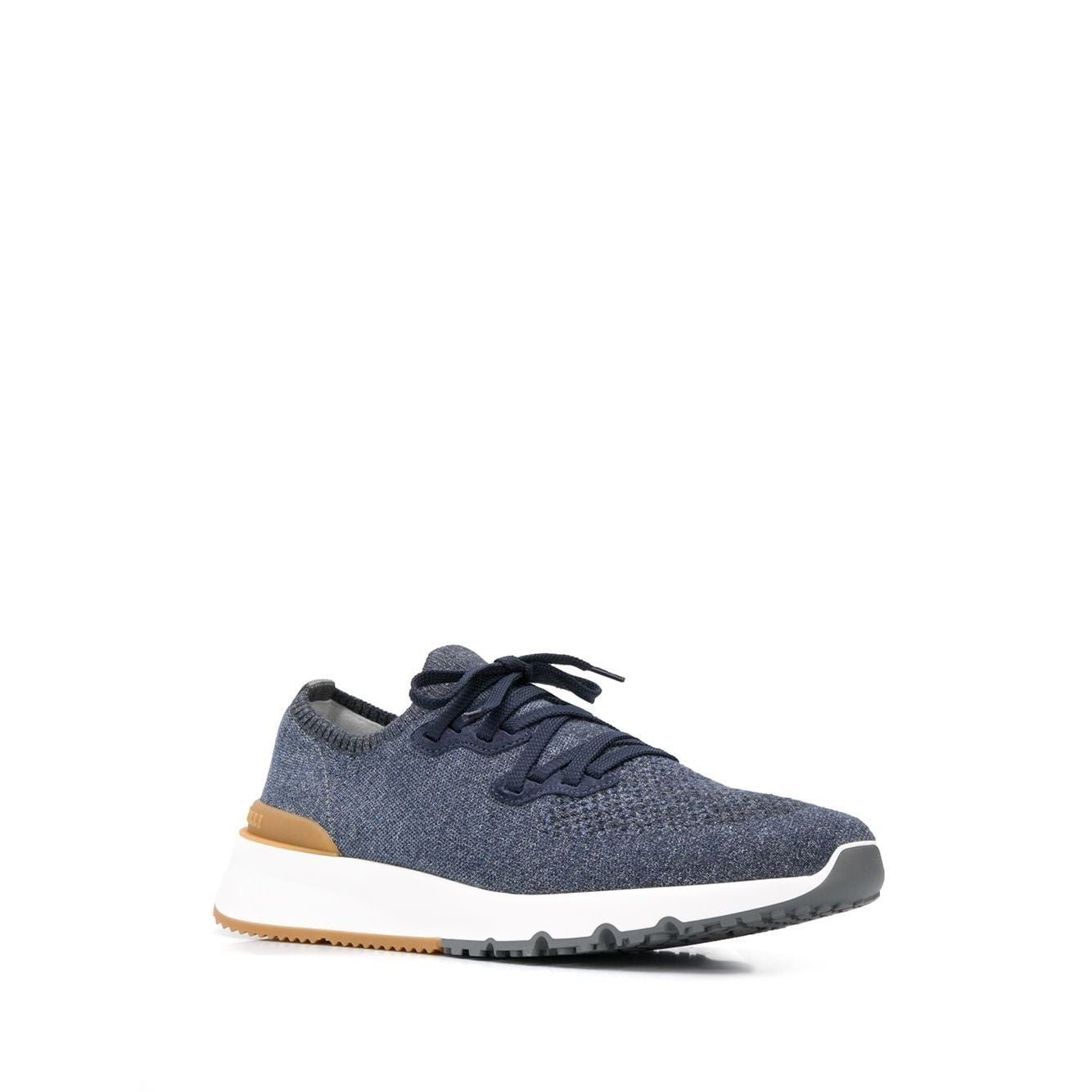 Brunello Cucinelli Cotton chiné knit runners, mesh knitted lace-up sneakers with platform sole, featuring a stylish round toe design.