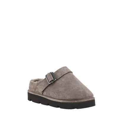 Brunello Cucinelli Gray Calf Leather Bos Taurus Clogs with buckle detail, fur-trimmed sabots, and knurled sole