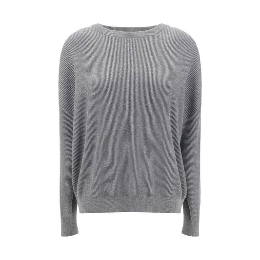 Brunello Cucinelli Gray Cotton Sweatshirt with ribbed texture and silver thread detailing for an elegant look.