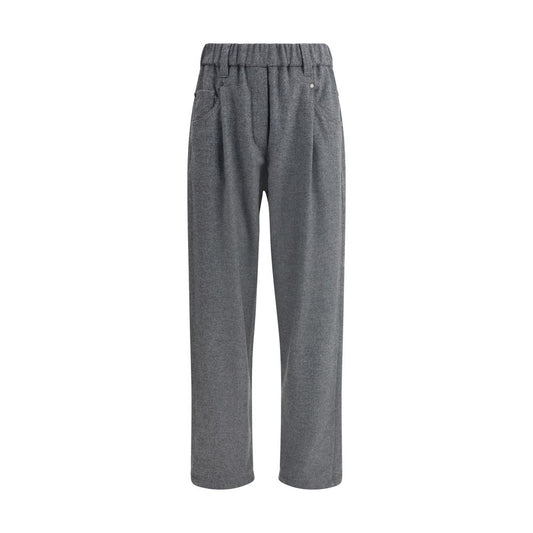 Brunello Cucinelli Gray Fleece Wool Casual Pants with elastic waistband and five-pocket design, showcasing sophisticated style.