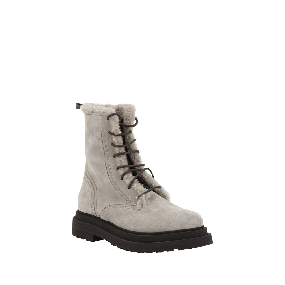 Brunello Cucinelli Gray Rubber Lace-Up Boots, fur-lined interior, adjustable lace-up front, and rubber block heel for stability.