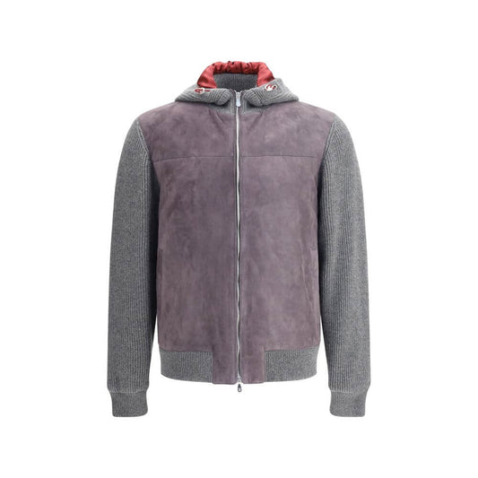 Brunello Cucinelli Gray Wool Jackets And Coat with English knit, suede yoke, padded interior, and lined hood featuring adjustable drawstrings.