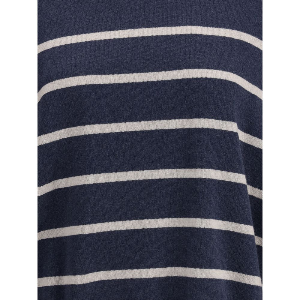 Striped pattern detail of Brunello Cucinelli Hooded Sweater in navy and white, showcasing luxury cashmere fabric.