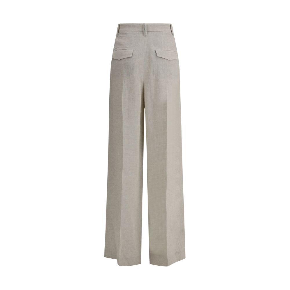 Brunello Cucinelli Linen Pants with wide-leg design, lamé details, and jewel embellishments, featuring side welt pockets and back flaps.