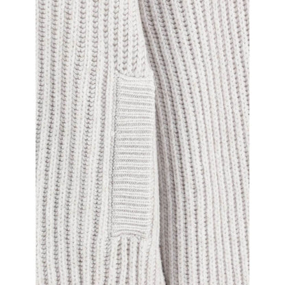 Close-up of Brunello Cucinelli White Cashmere Cardigan ribbed texture and welt pocket detail.
