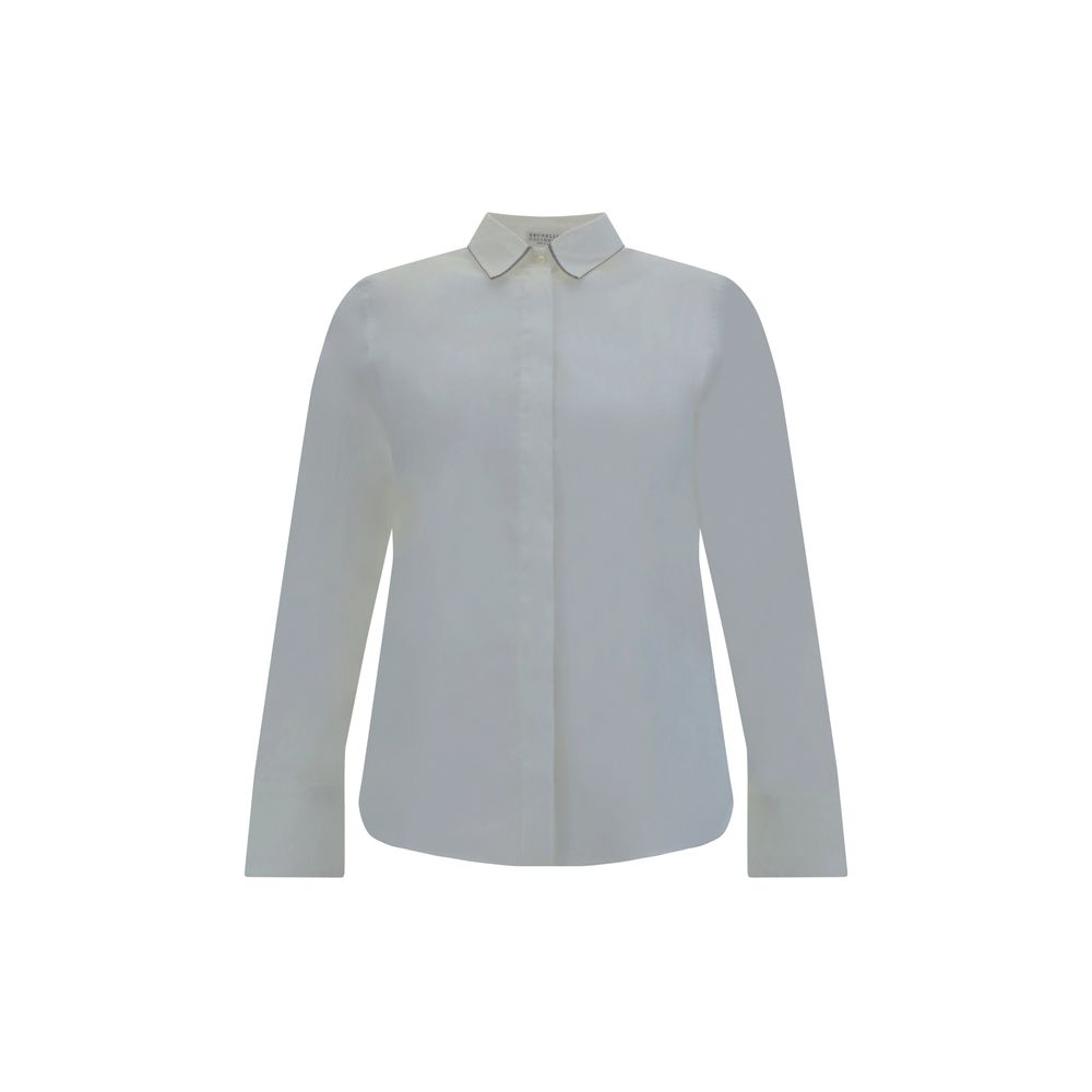 Brunello Cucinelli White Cotton Dress Shirt with classic collar and jewel embellishments showcasing elegant monochrome design.