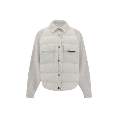 Brunello Cucinelli White Polyamide Coat with quilted panels and classic collar featuring flap patch pockets for a stylish, warm look.