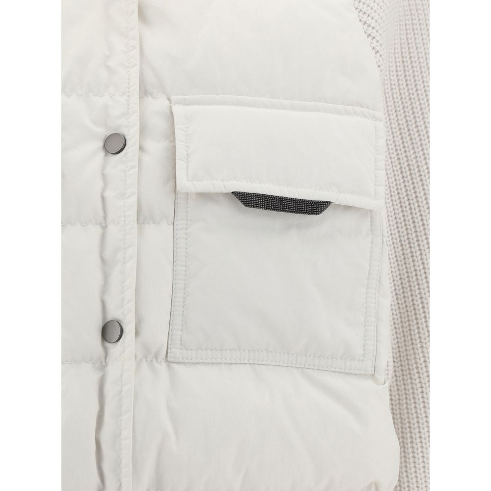 Close-up of Brunello Cucinelli White Polyamide Coat's flap pocket and press-button closure, showcasing jewelry detail and quilted design.