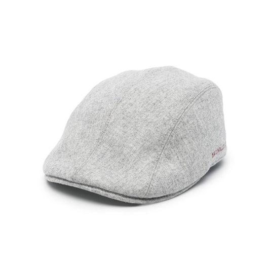 Brunello Cucinelli Wool hat in heather grey with flat peak, side logo, adjustable leather strap, pull-on style, 6cm brim, 55cm circumference.