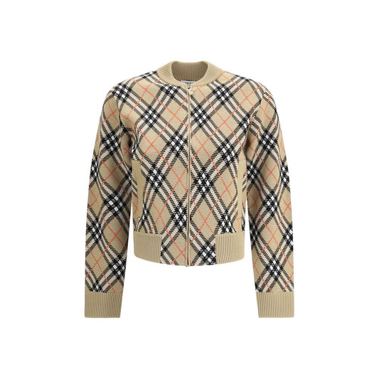 Burberry Beige Wool Cardigan with check pattern, zip closure, and ribbed cuffs for AW25 collection.