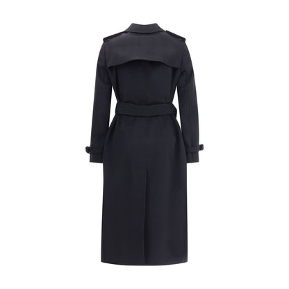 Back view of Burberry Black Cashmere Coat with waist belt and buttoned back vent.
