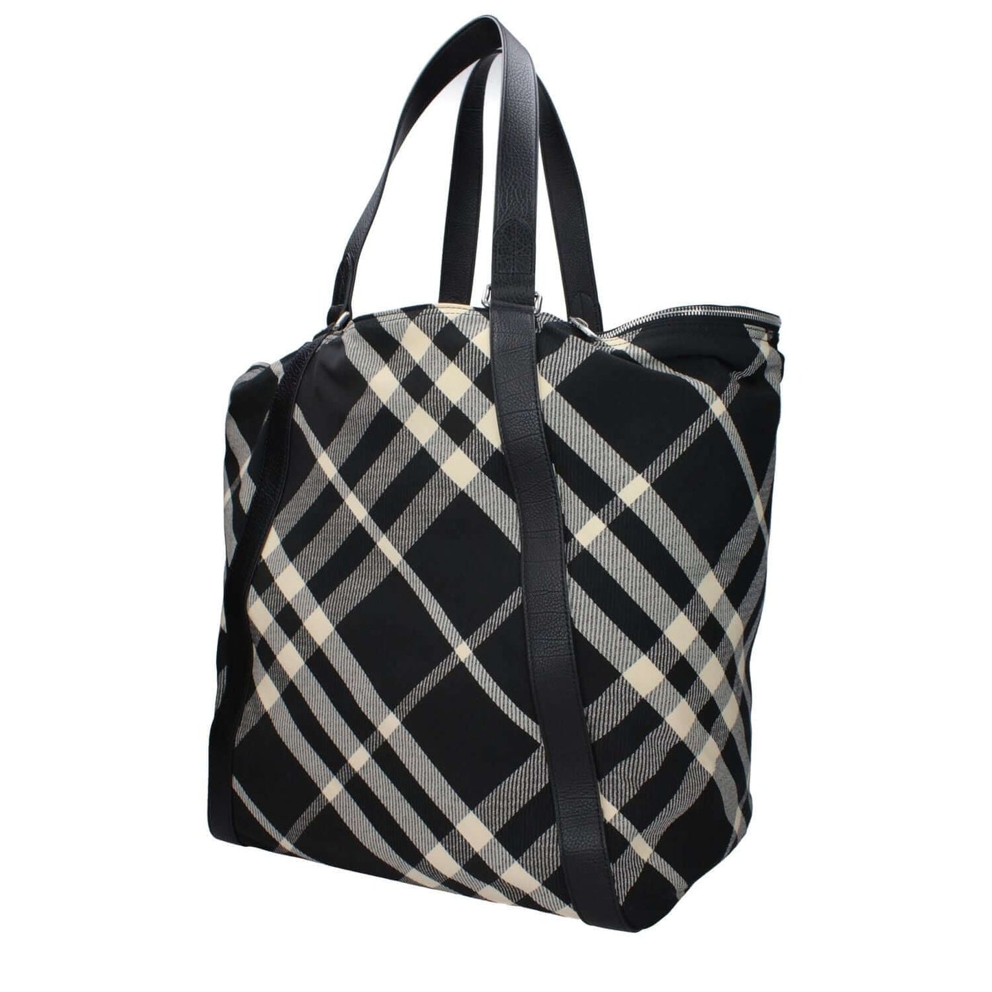Burberry Black Fabric Shoulder Bag with check print, silver details, maxi size, 18/27 cm handles, 2 external pockets, casual style.
