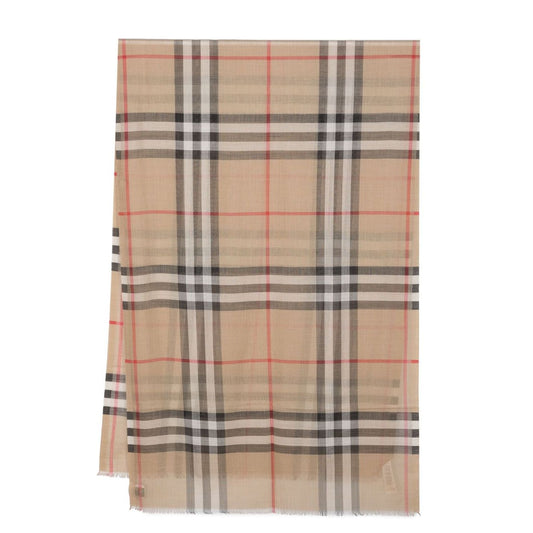 Archive beige Burberry Check wool and silk scarf with plaid pattern and frayed edges, featuring a logo patch. Size: 220x70cm.