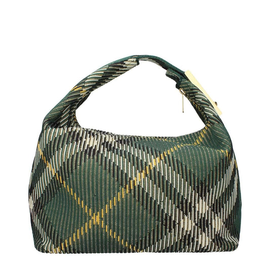 Burberry Green Fabric Handbag with check print, gold accents, and zip closure. Medium size with 33.5 cm width and 19 cm height.