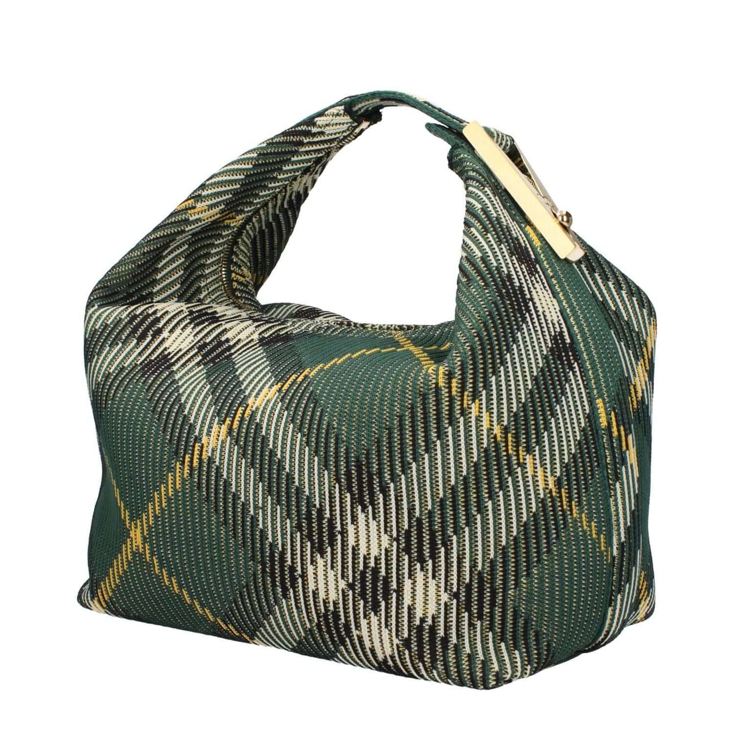 Burberry Green Fabric Handbag with check print, medium size, gold details, zip closure, 33.5x19x17 cm dimensions.