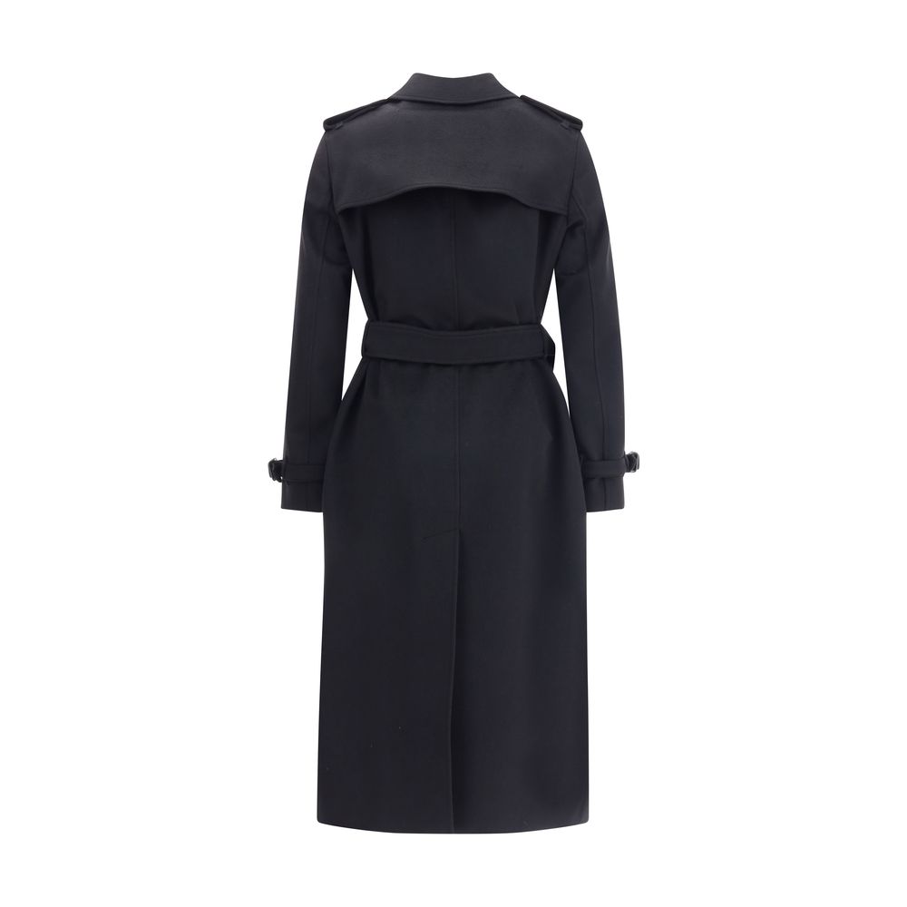 Back view of Burberry Kensington Coat featuring waist belt and structured design.
