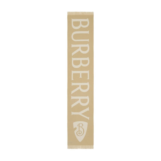 Burberry Logo wool scarf in archive beige with wraparound style and frayed edge, featuring a mini logo and rectangle shape.