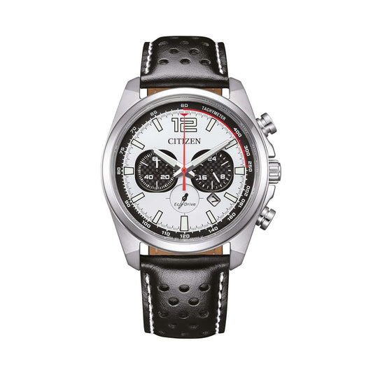 Citizen MOD. Racing Crono watch with black leather strap and white dial, featuring chronograph functions and sporty design.