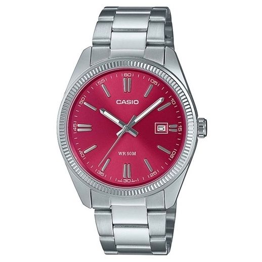 CASIO COLLECTION Mod. DATE - CHERRY RED wristwatch with stainless steel bracelet, quartz movement, and 5 ATM water resistance.